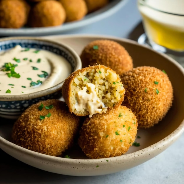 Foto deliziose crocchette di patate dorate e croccanti con salsa maionese