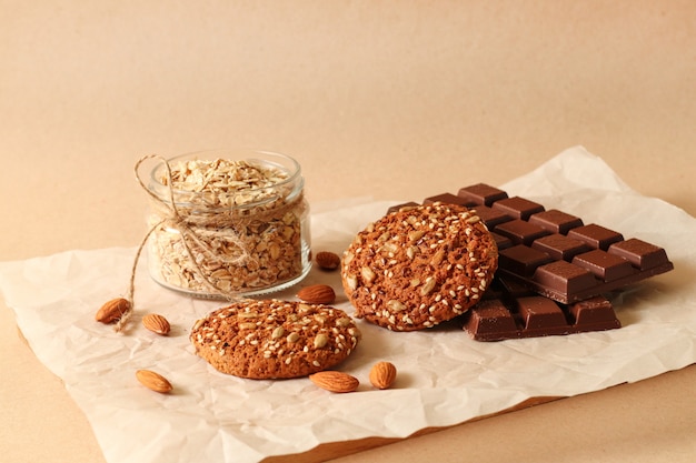 Delicious crispy oatmeal cookies with chocolate 