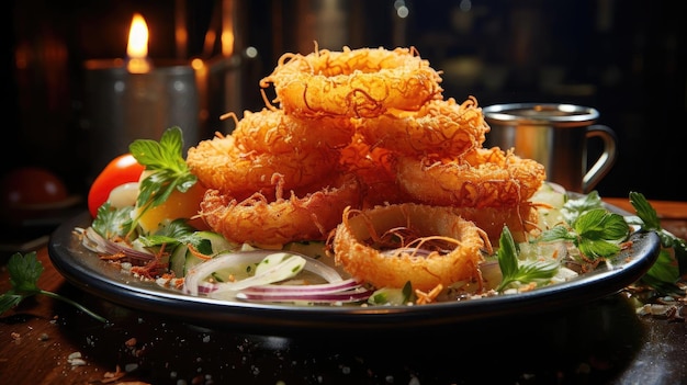 Delicious crispy onion rings black and blur background