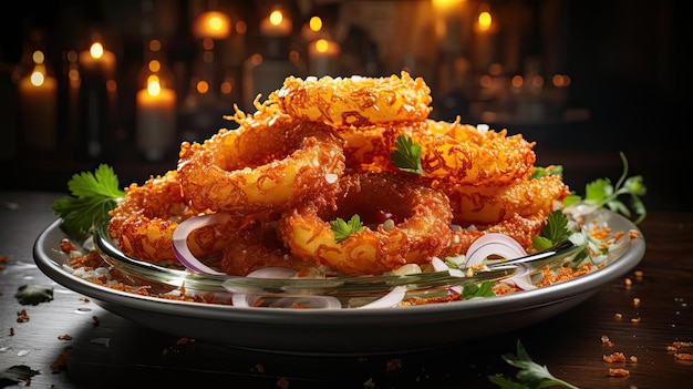 Delicious crispy onion rings sprinkled with chopped vegetables on a plate