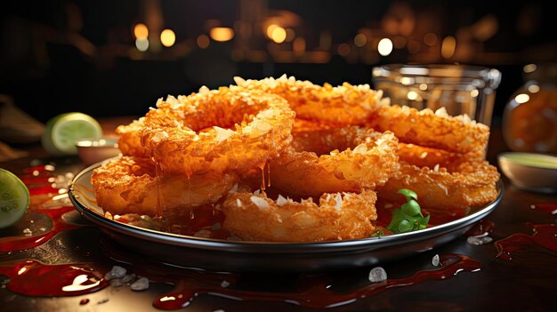 Photo delicious crispy onion rings sprinkled with chopped vegetables on a plate