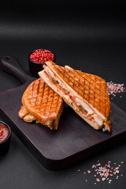 Delicious crispy sandwich with chicken breast tomatoes ketchup and spices