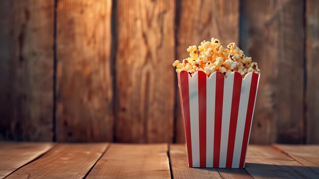 Photo a delicious and crispy snack perfect for movie night the popcorn is served in a red and white striped container and placed on a wooden table