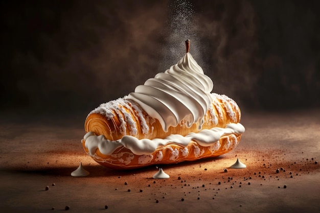 Delicious croissant eclair with layers of cream in powdered sugar and wheat flour