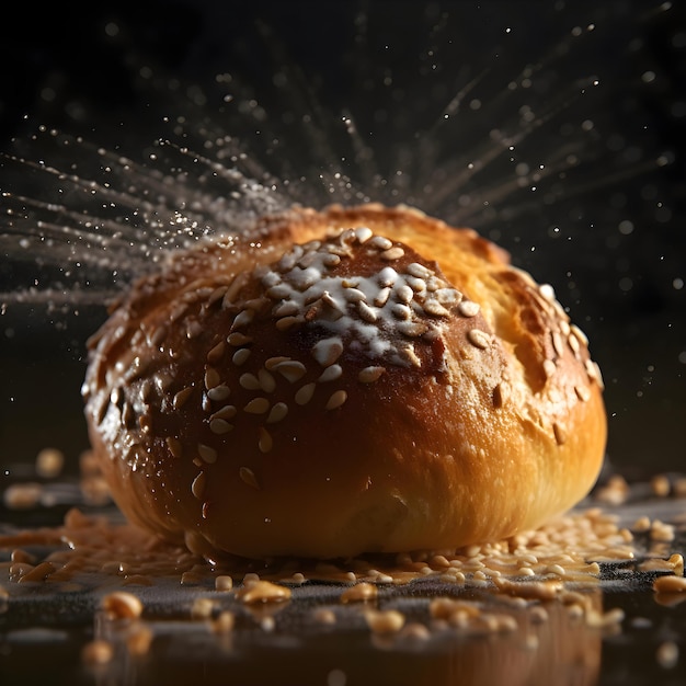 Delicious croissant falling into the air on a black background