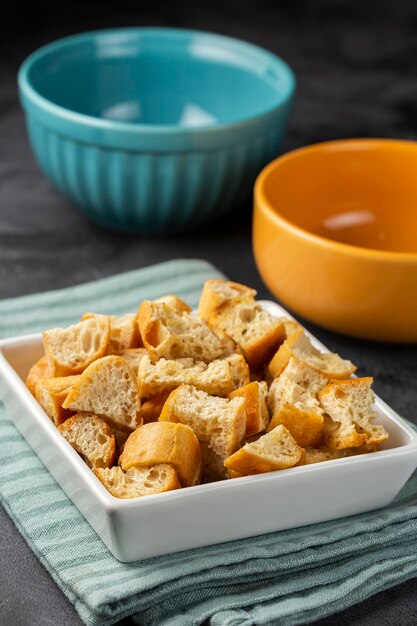 Delicious crunchy croutons on the table