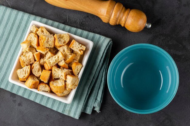 Delicious crunchy croutons on the table