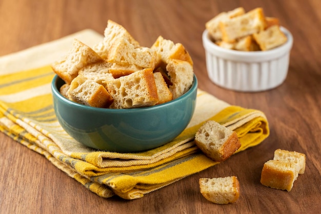 Delicious crunchy croutons on the table