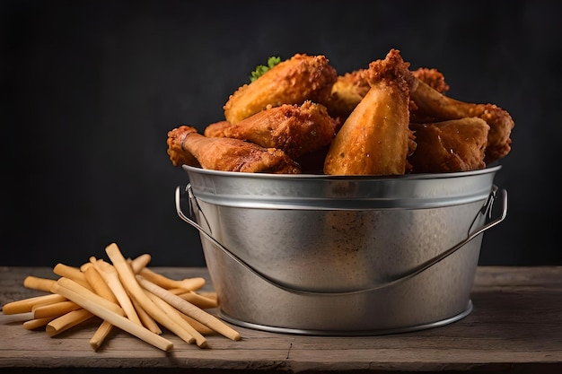 delicious and crunchy fried chicken in a metal bucket rustic wooden background