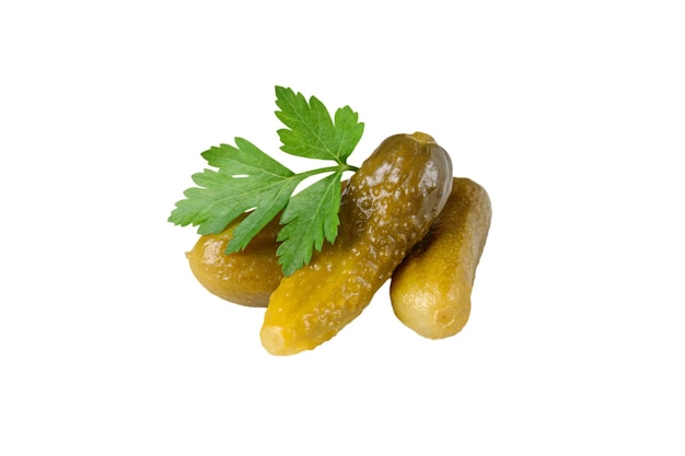 Delicious crunchy pickled cucumbers isolated Gherkins with a sprig of parsley on a white background