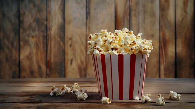 Photo a delicious and crunchy snack perfect for movie night the popcorn is served in a red and white striped container and is sure to please everyone