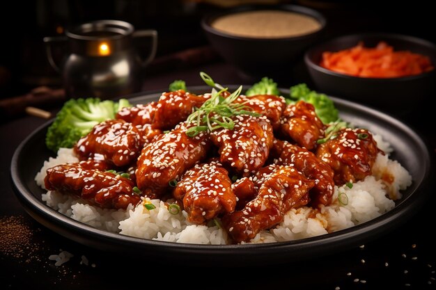 Delicious Cuisine of Spicy Sauce Chicken with White Rice and Sesame Sprinkles Served in a Plate