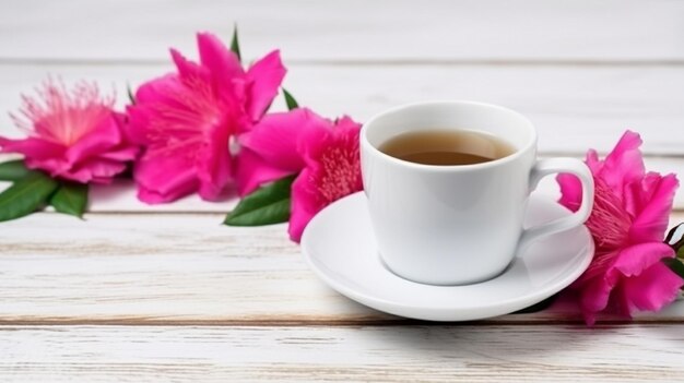 Delicious cup of coffee and pink rose on wooden table