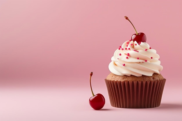 A delicious cupcake topped with a cherry whipped cream and chocolate drizzle Generative Ai