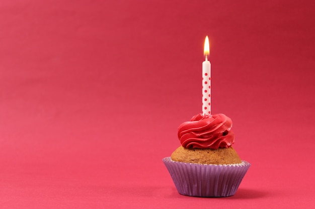 Delicious cupcake with a candle on a colored background