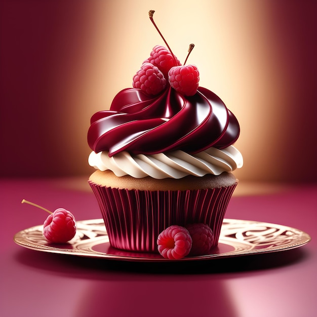 Delicious cupcake with chocolate icing and raspberries on red background