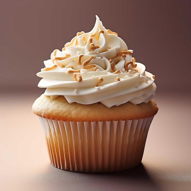 Delicious cupcake with cream and colorful sprinkles on dark background