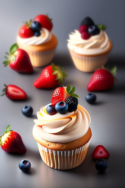 Delicious cupcake with cream and fresh berries