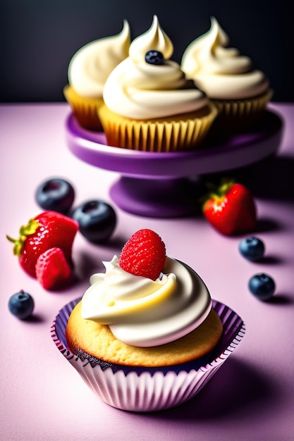 Delicious cupcake with cream and fresh berries