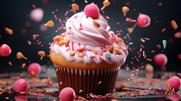 Delicious Cupcake with Pink Frosting and Sprinkles on a Plate Tempting De