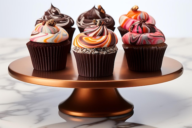 Delicious cupcakes on cake stand against white background
