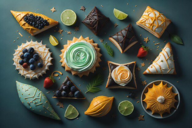 Delicious cupcakes with different fillings on color background top view generative ai