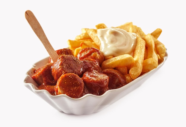 Delicious curried sausage chunks with fries and sauces in bowl