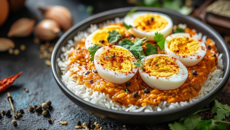 煮た 卵 と 米 を 含む 美味しい カレー