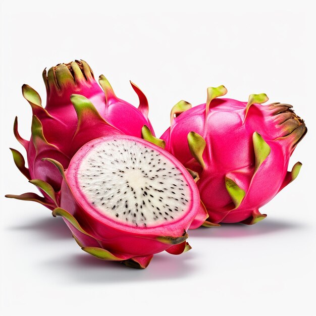 Delicious cut and whole dragon fruits pitahaya isolated on white background