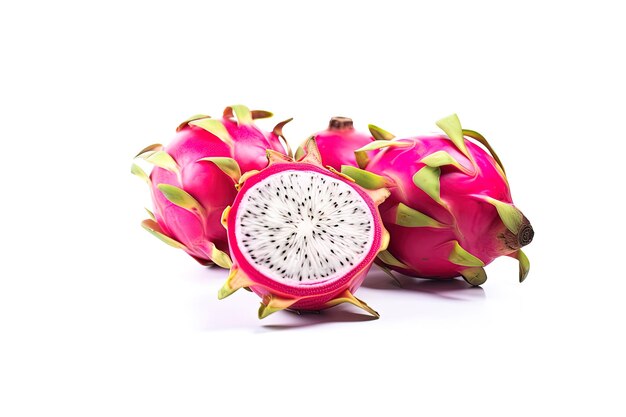 Delicious cut and whole dragon fruits pitahaya isolated on white background