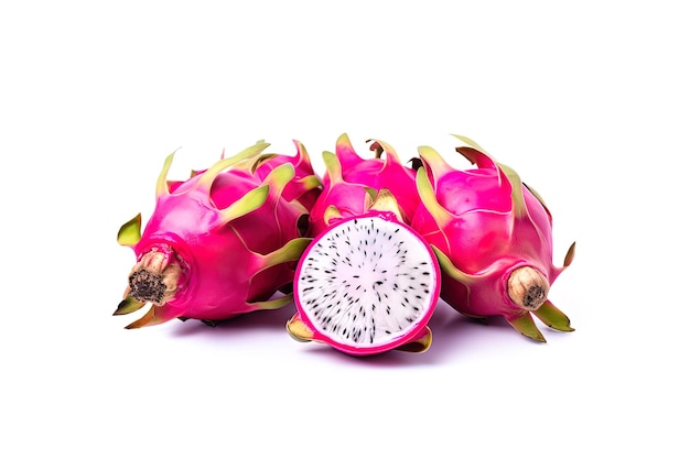 Delicious cut and whole dragon fruits pitahaya isolated on white background