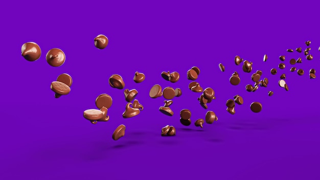 Delicious dark chocolate chips flowing in the air purple background Copy space 3d illustration