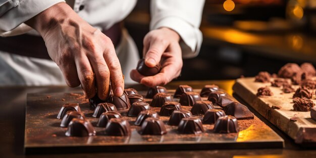 写真 美味しいダークチョコレートデザート グルメチョコレーター 女性が新鮮な材料と熟練した手でプロのキッチンで美味しい子を作っています