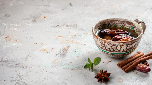 Delicious Dates and Cinnamon in Bowl with Cup of Tea on Grey Background