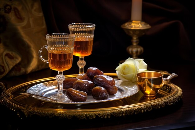 Delicious dates presented on a gleaming golden tray