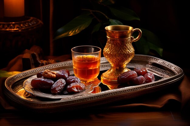 Delicious dates presented on a gleaming golden tray