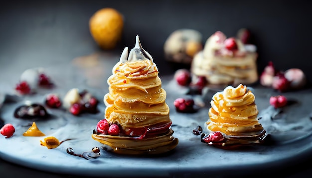 Вкусный и нежный десерт с ванильным и малиновым кремом со взбитыми сливками из манго Иллюстрация