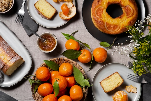 Delicious dessert arrangement still life flat lay