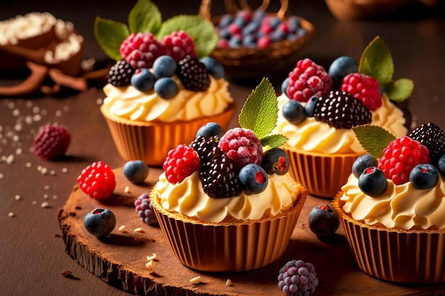 Вкусный праздничный десерт в виде бисквитных кексов, украшенных свежими ягодами