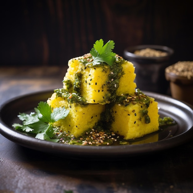 Photo a delicious dhokla plate gujrati brakefast