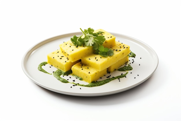 흰색 배경의 흰색 접시에 맛있는 Dhokla