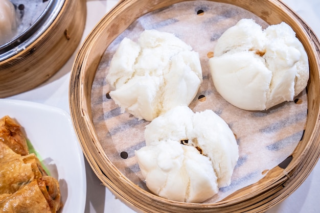 Delicious dim sum in bamboo steamer