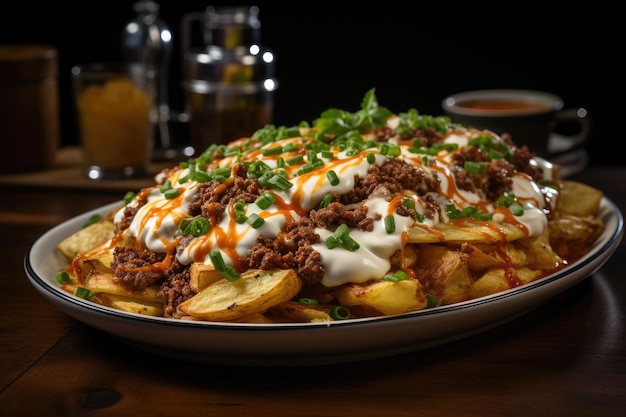 Delicious dish chips shredded meat and cheese generative IA