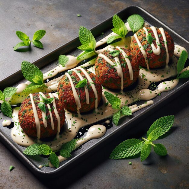 A delicious Dish of pieces of Falafel with tahini