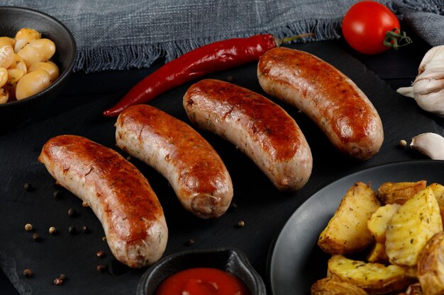 Delicious dish with fried sausages top view Lunch in a restaurant