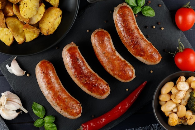 Вкусное блюдо с жареными сосисками, вид сверху Обед в ресторане