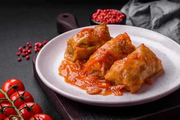 Вкусная долма в томатном соусе с морковью, луком, солью, специями и зеленью на темном бетонном фоне.