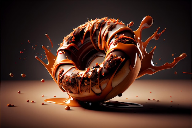 A delicious donut covered in chocolate and caramel, splash of chocolate and caramel, dark background