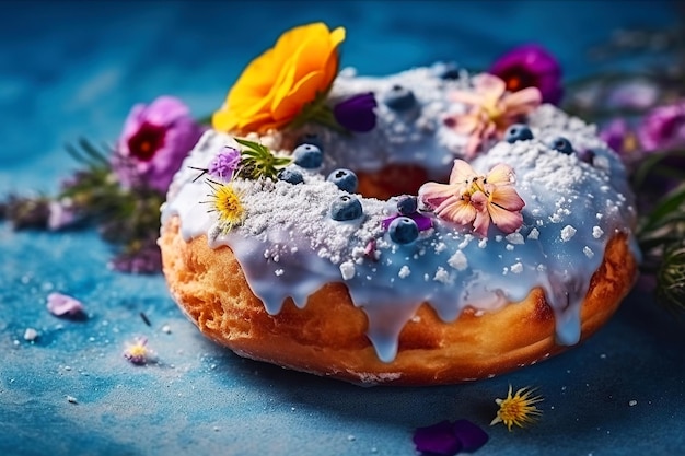 Delicious donut with cream decorated with spring flowers on a bright background Generative AI illustration