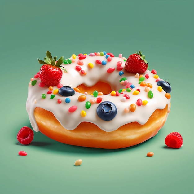 A delicious donut with cream fruits colorful glaze